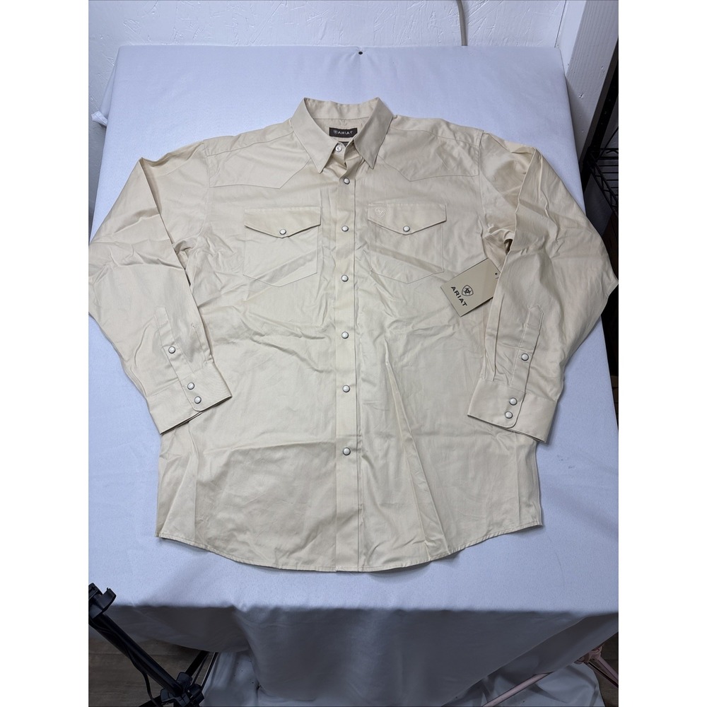 Ariat Lightweight Twill Pearl Snap Shirt Men L Beige Cowboy Western LS NEW